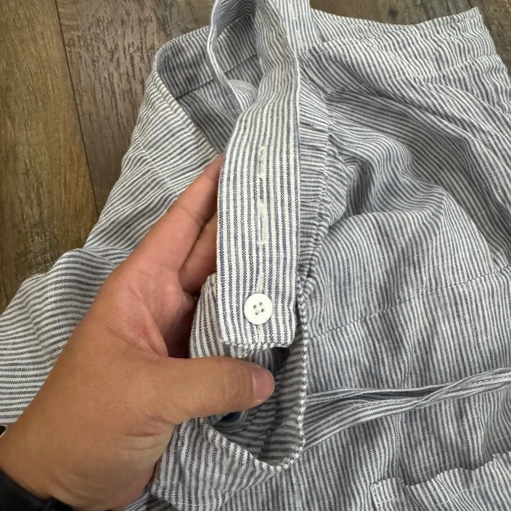 Quince 100% European Linen Pinstripe Wide Leg Belted Jumpsuit Blue White XL